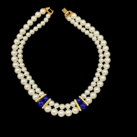 Vintage Napier Faux Pearl and Lapis Glass Necklace - Picture 5 of 6
